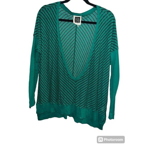 ✨SOUL MIND BREATH LIFE Open Knit Deep V Sz Medium Green & Black Pullover ✨ - Picture 1 of 6